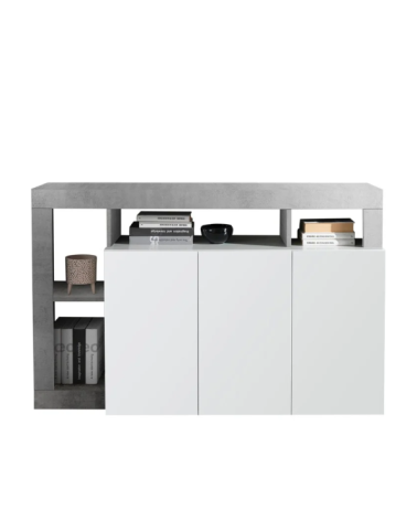 Buffet HAMBURG 3 portes – Blanc laqué brillant / Béton